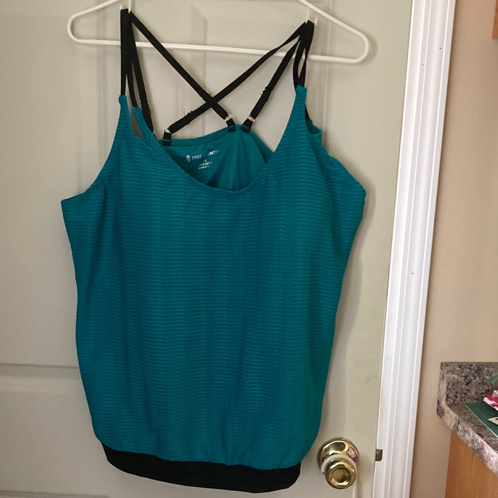 Free Country Teal and Black Strappy Bathing suit top.